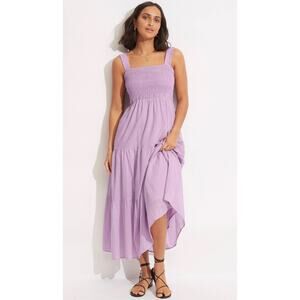 Seafolly Australia Lilac Boathouse Dress 100% Cotton Lined Smocked Airy Large